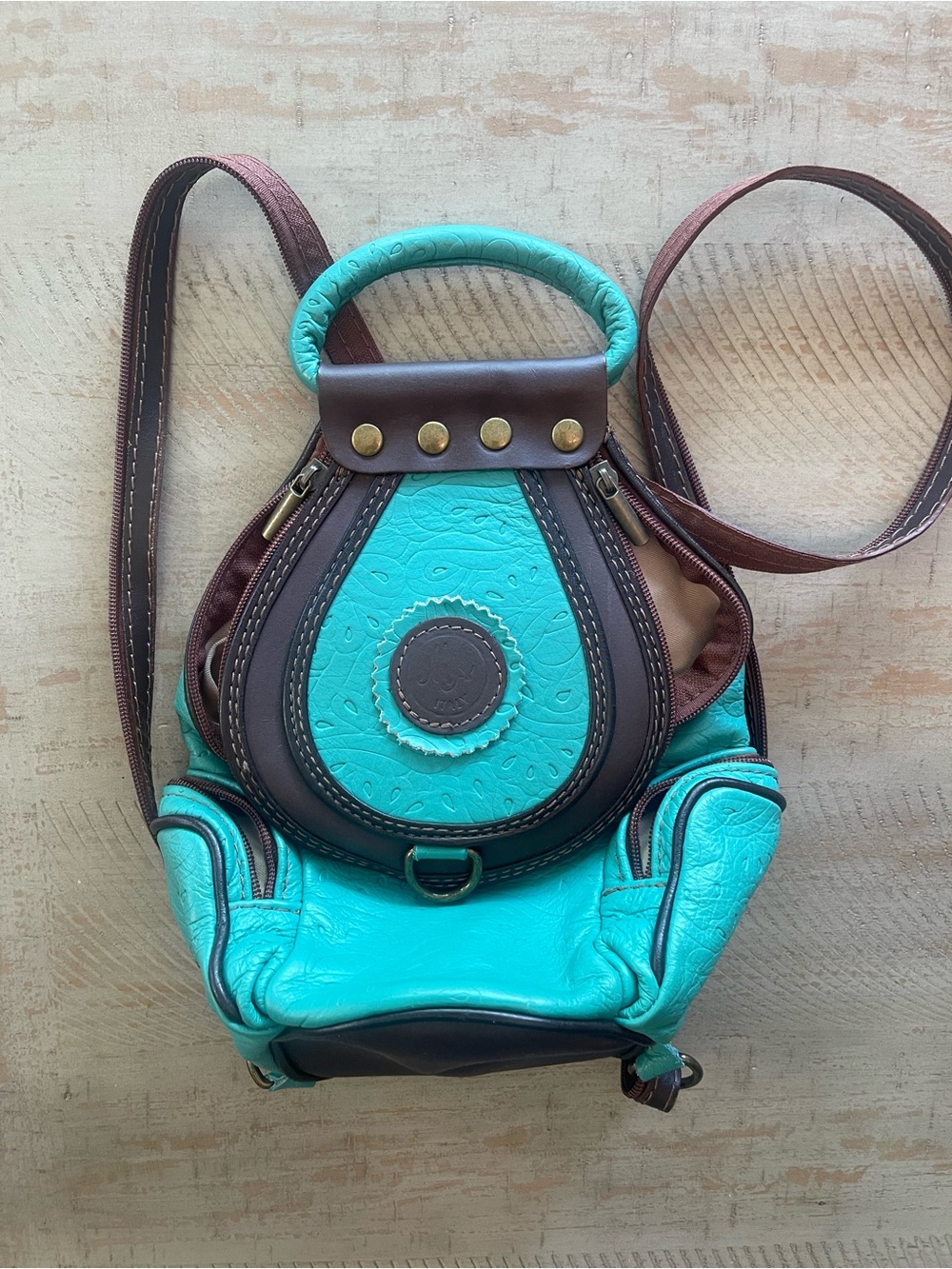 Vintage Turquoise Brown Women's Leather Crossbody Backpack